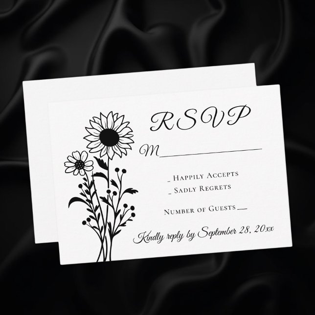 Rustic Floral Sunflower RSVP Black White Wedding (Creator Uploaded)