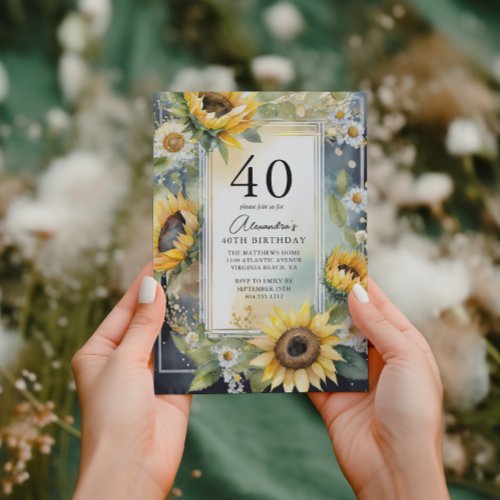 Rustic Floral Sunflower Script 40th Birthday  Invitation
