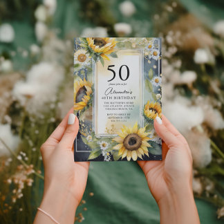 Rustic Floral Sunflower Script 50th Birthday Invitation