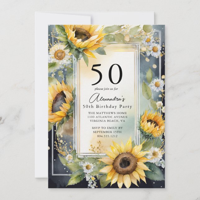 Rustic Floral Sunflower Script 50th Birthday  Invitation (Front)
