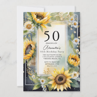Rustic Floral Sunflower Script 50th Birthday Invitation