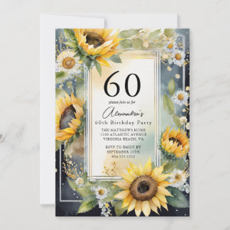 Rustic Floral Sunflower Script 60th Birthday Invitation
