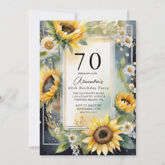 Rustic Floral Sunflower Script 70th Birthday Party Invitation