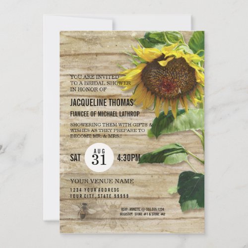Rustic Floral Sunflower Wood Bees Bridal Shower Invitation