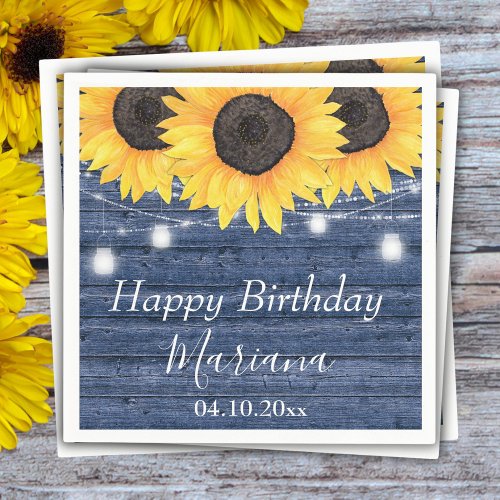 Rustic Floral Sunflowers Blue Birthday Party Napkins