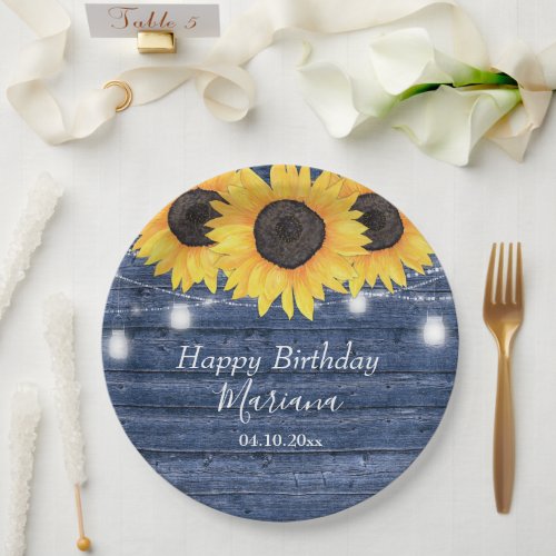Rustic Floral Sunflowers Blue Birthday Party Paper Plates