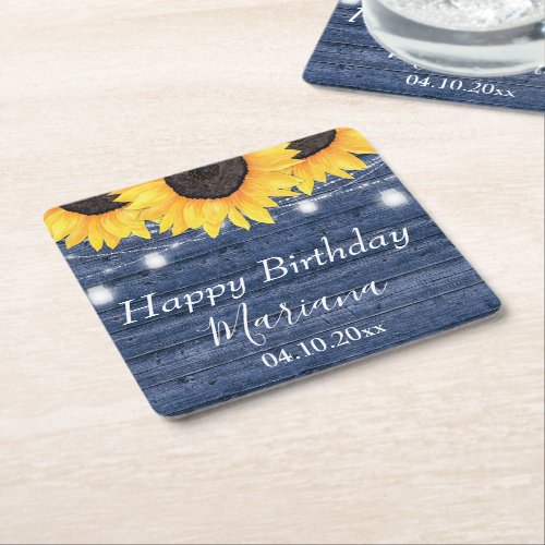 Rustic Floral Sunflowers Blue Birthday Party Square Paper Coaster