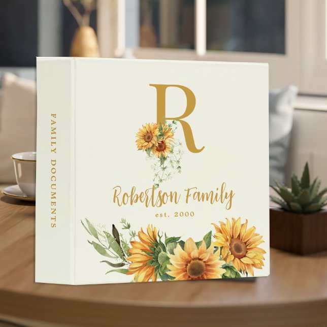 Rustic floral sunflowers monogram initial name 3 ring binder (Creator Uploaded)