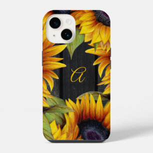 Rustic floral sunflowers yellow barn wood monogram iPhone 14 case