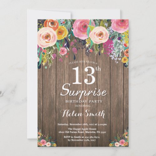 Rustic Floral Surprise 13th Birthday Invitation