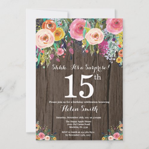 Rustic Floral Surprise 15th Birthday Invitation