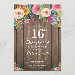 Rustic Floral Surprise 16th Birthday Invitation