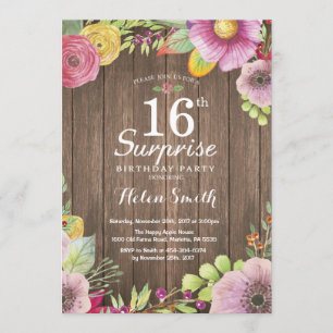 Rustic Floral Surprise 16th Birthday Invitation