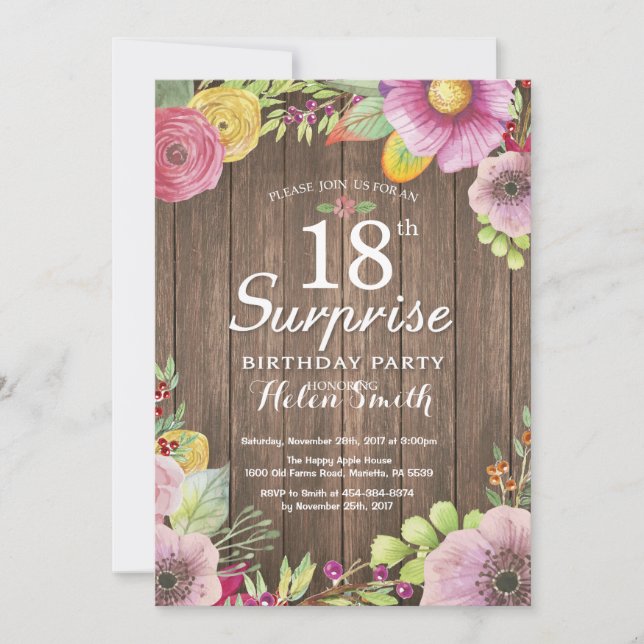 Rustic Floral Surprise 18th Birthday Invitation (Front)