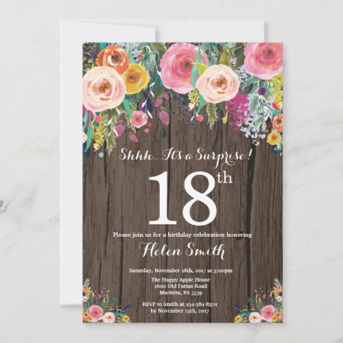 Rustic Floral Surprise 18th Birthday Invitation