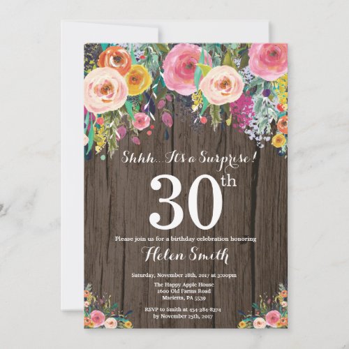 Rustic Floral Surprise 30th Birthday Invitation