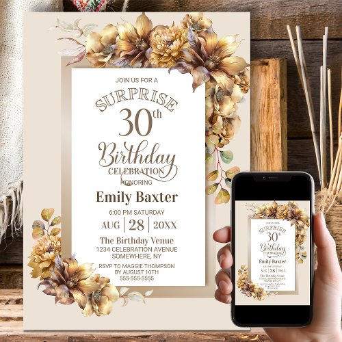 Rustic Floral Surprise 30th Birthday Party Invitation