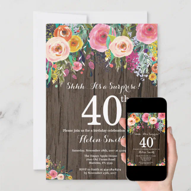 Rustic Floral Surprise 40th Birthday Invitation | Zazzle