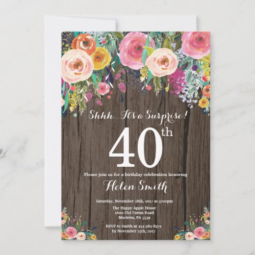 Rustic Floral Surprise 40th Birthday Invitation