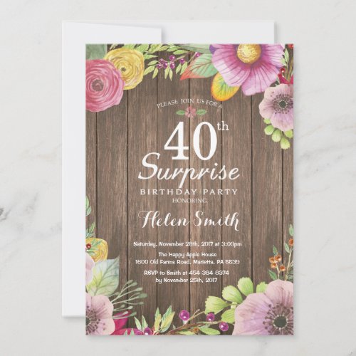 Rustic Floral Surprise 40th Birthday Invitation