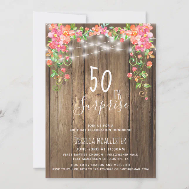 Rustic Floral Surprise 50th Birthday Invitation | Zazzle