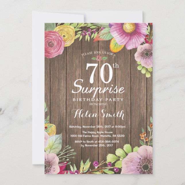 Rustic Floral Surprise 70th Birthday Invitation (Front)