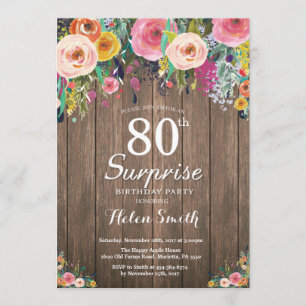 Rustic Floral Surprise 80th Birthday Invitation