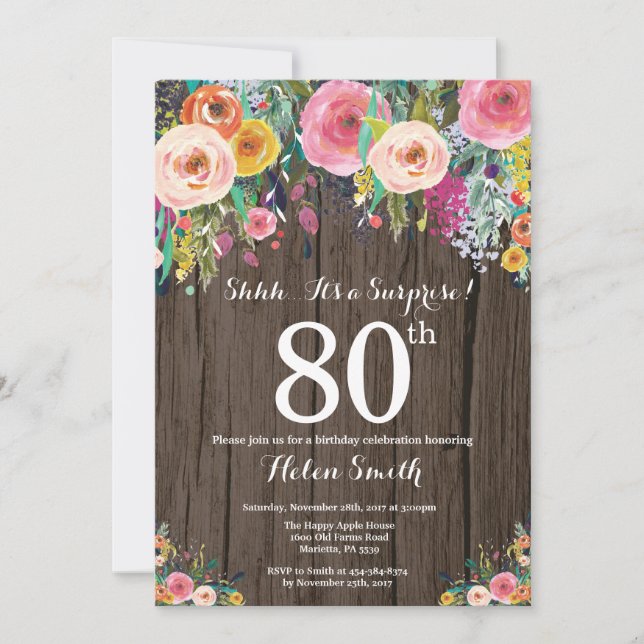 Rustic Floral Surprise 80th Birthday Invitation (Front)