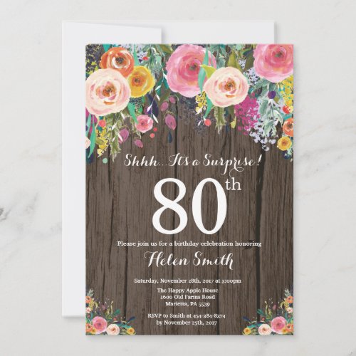 Rustic Floral Surprise 80th Birthday Invitation