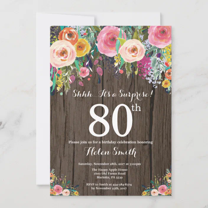 Floral Wood Invitation 80th Birthday Invitation Surprise Birthday Party Invitation Digital file PERSONALIZED #W25 Rustic Invitation