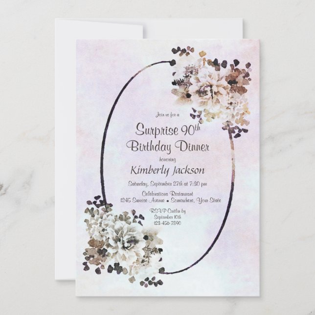 Rustic Floral Surprise 90th Birthday Dinner Invitation (Front)