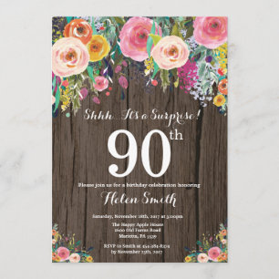 Rustic Floral Surprise 90th Birthday Invitation
