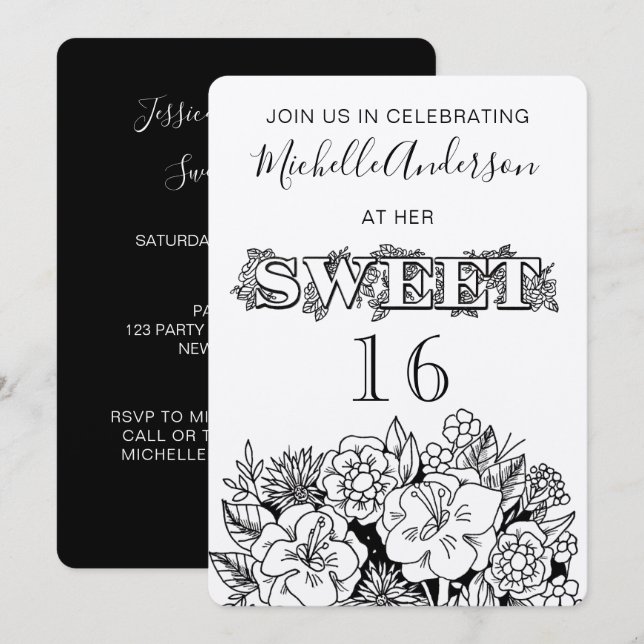 Rustic Floral Sweet Sixteen Invitation (Front/Back)