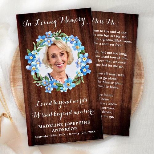 Rustic Floral Sympathy Photo Memorial Prayer Card