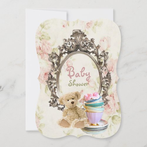 rustic floral teddy bear baby shower invitations