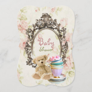 rustic floral teddy bear baby shower invitations