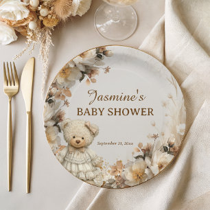 Rustic Floral Teddy Bear Baby Shower Paper Plates