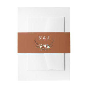 Rustic floral terracotta antlers initials wedding invitation belly band