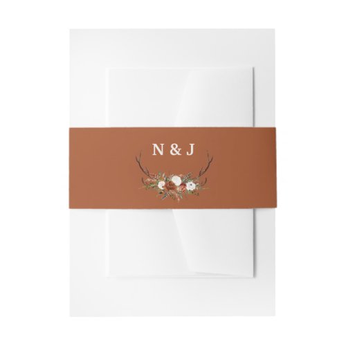 Rustic floral terracotta antlers initials wedding invitation belly band