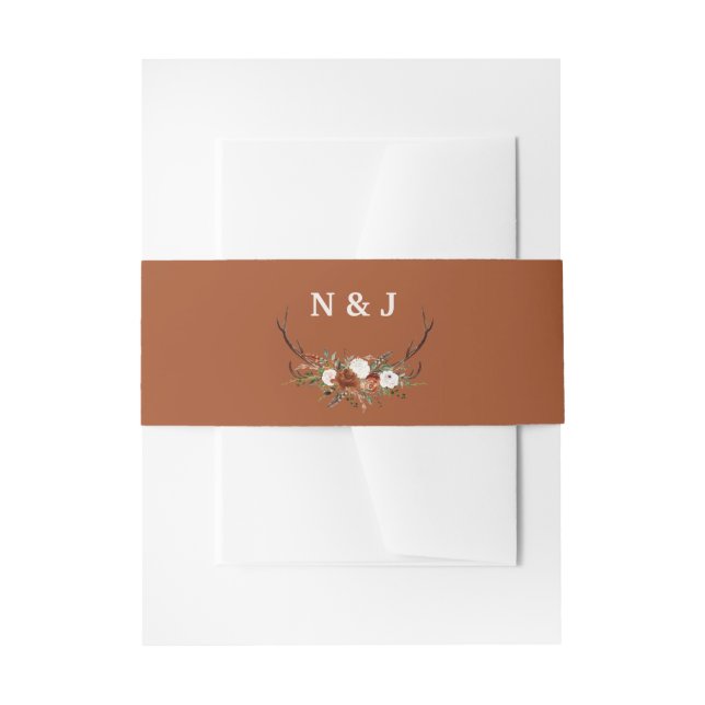Rustic floral terracotta antlers initials wedding invitation belly band (Front Example)