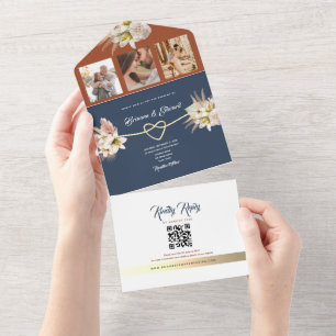 Rustic Floral Terracotta Navy Blue Wedding All In One Invitation
