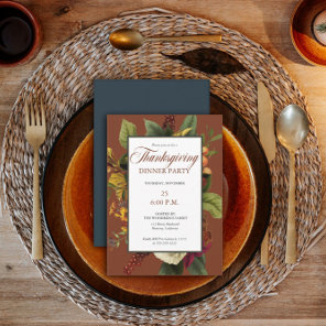 Rustic Floral Terracotta |Teal Thanksgiving Dinner Invitation