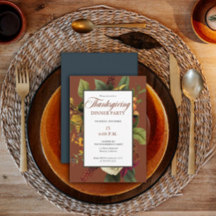 Rustic Floral Terracotta  Teal Thanksgiving Dinner Invitation
