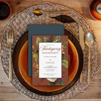 Rustic Floral Terracotta |Teal Thanksgiving Dinner Invitation