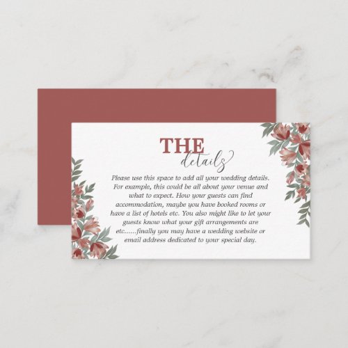 Rustic Floral Terracotta Wedding Details Enclosure Card