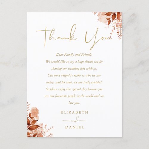 Rustic Floral Thank You Gold Wedding Place Card