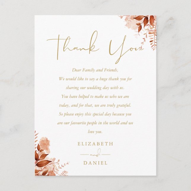 Rustic Floral Thank You Gold Wedding Place Card (Front)