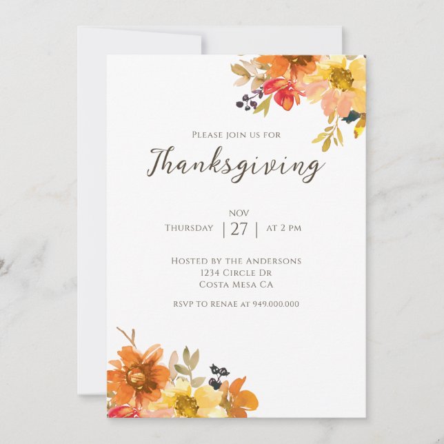 Rustic Floral Thanksgiving Dinner  Invitation (Front)
