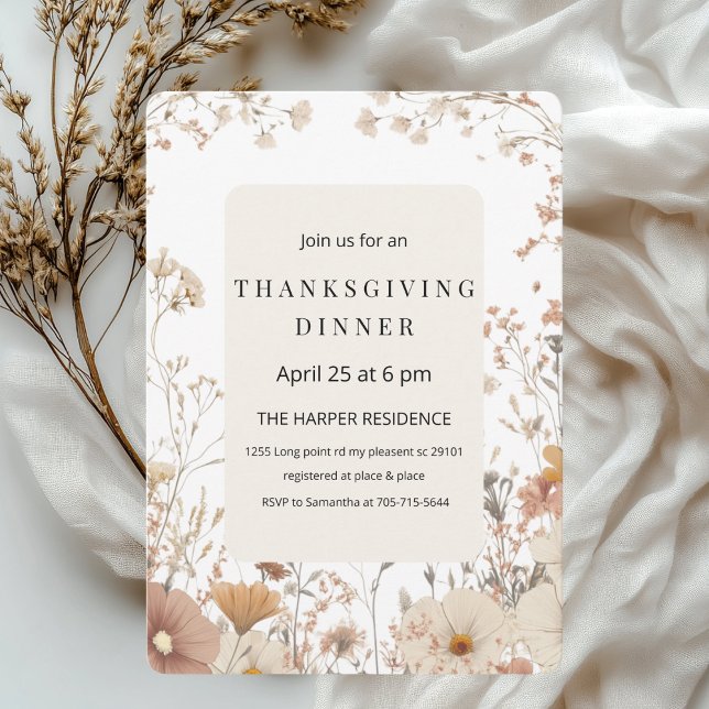 Rustic Floral Thanksgiving Dinner Neutral  Invitation (Creator Uploaded)