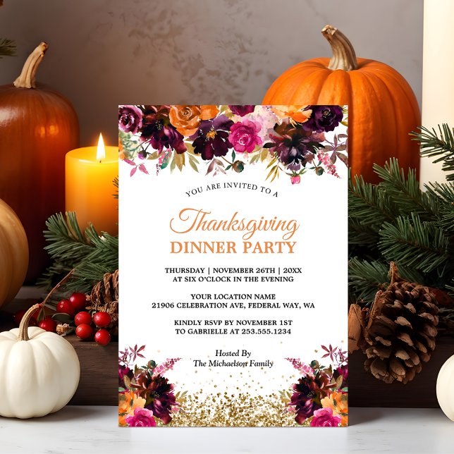 Rustic Floral Thanksgiving Dinner Party Invitation (Rustic Floral Thanksgiving Dinner Party)